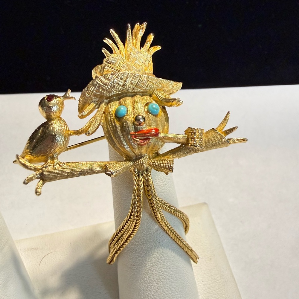 Vintage Whimsical Signed Lisner Gold-Tone Scarecrow and Bird Brooch